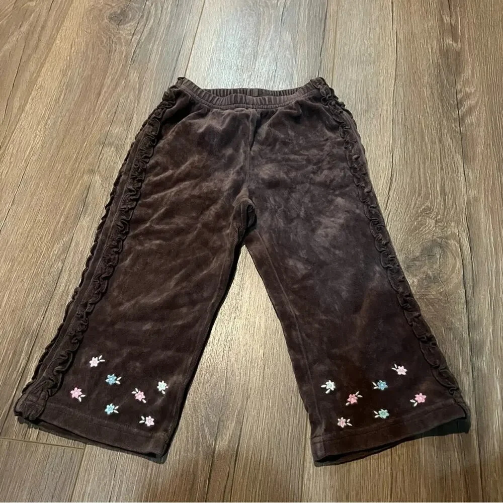 Vintage Gymboree 2006 Velour Pants Brown Floral Embroidered Ruffle